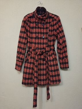 Wantdo Coat Womens Small Wool-Blend Red & Black Plaid Belted